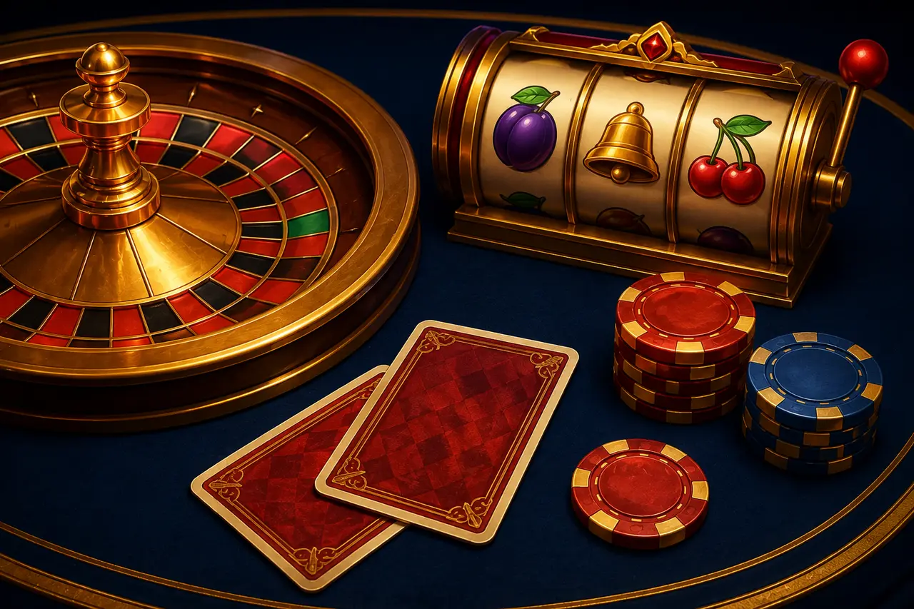 Illustrazione decorativa con roulette, rulli di slot, carte coperte e fiches