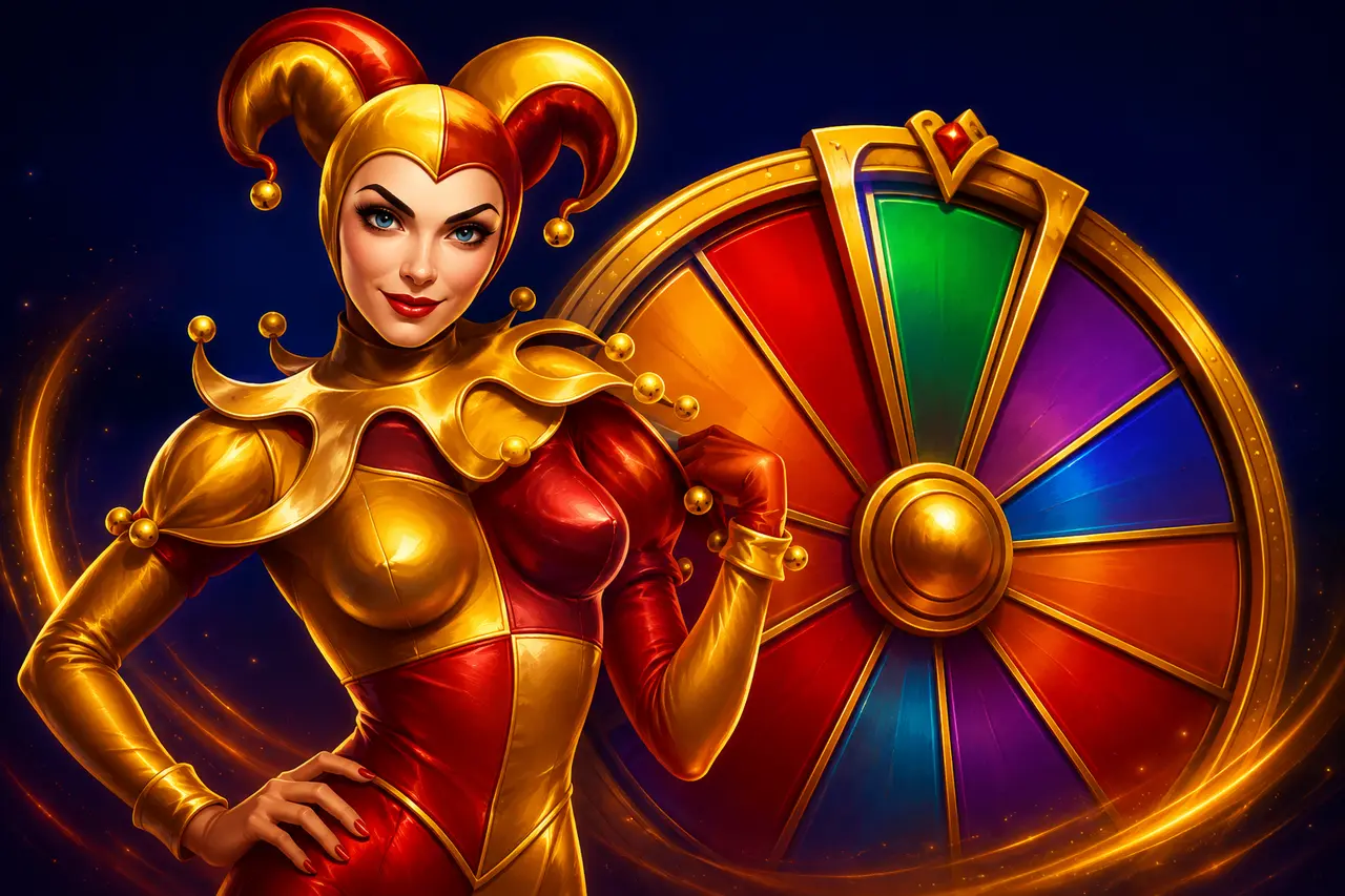 Illustrazione di una giullare in rosso e oro accanto a una ruota colorata