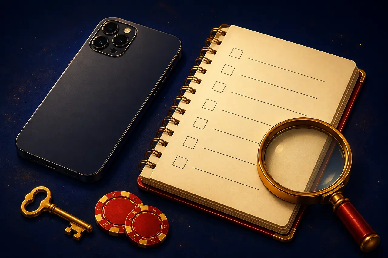 Illustrazione di uno smartphone, una lista di controllo, una lente, una chiave e fiches rosse