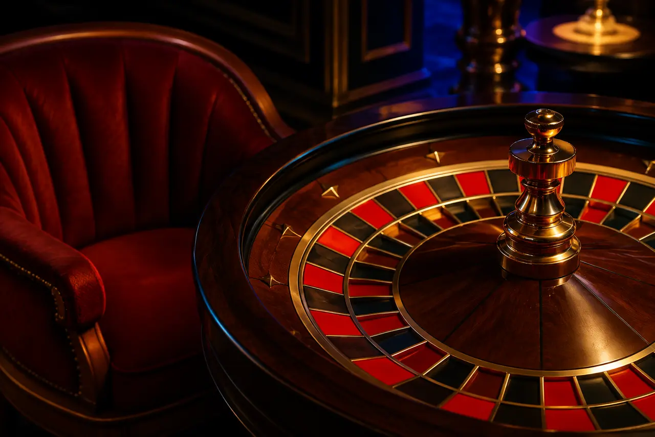 Illustrazione decorativa di una roulette e una poltrona rossa, senza dati di recensioni