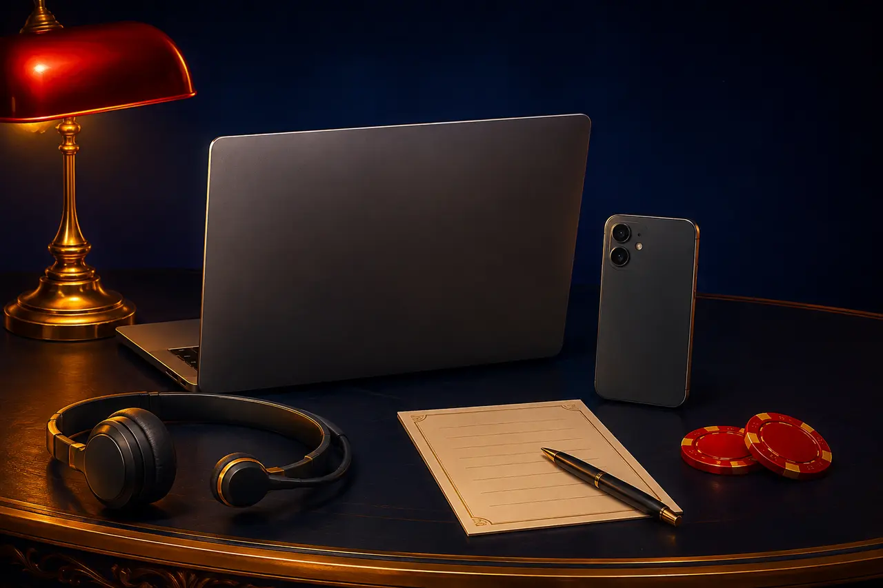 Illustrazione di un computer, uno smartphone, cuffie e un foglio per preparare una richiesta
